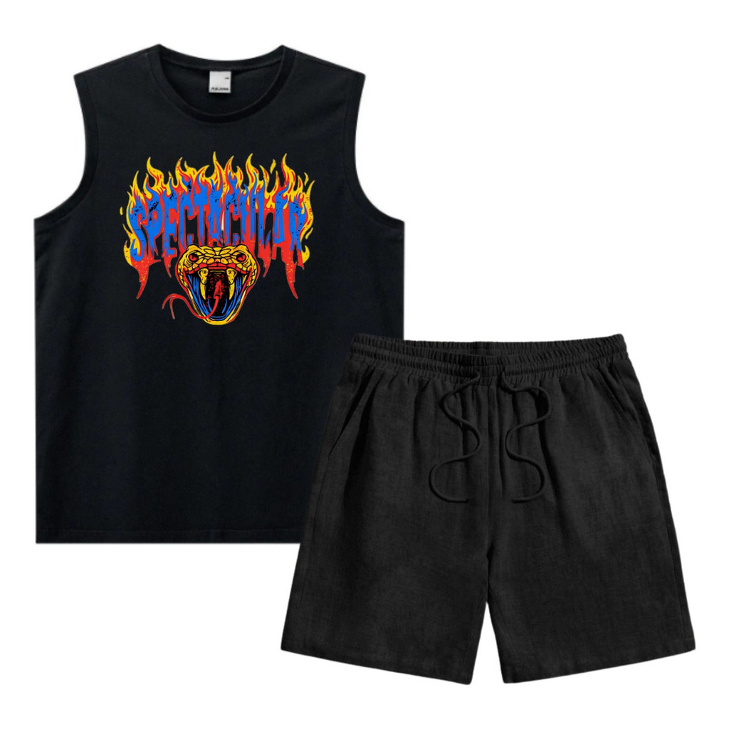 Conjunto 1 Camiseta Regata Manchão 1 Short De Linho Casual Academia Treino Masculino