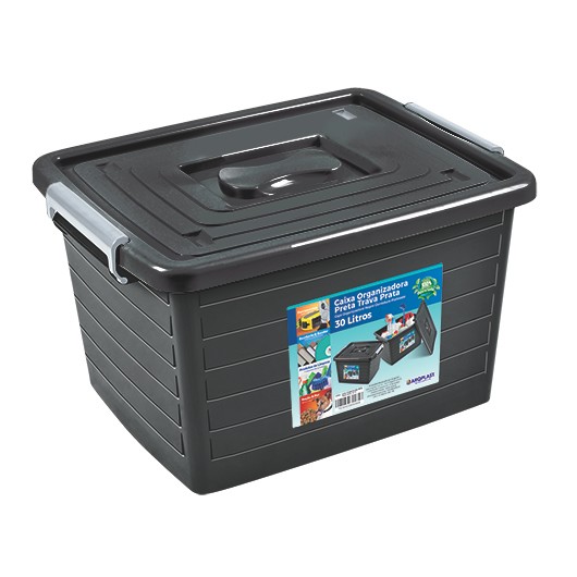 Caixa Organizadora Multiuso Preta C/ Tampa e Trava Prata 30L Arqplast em Oferta na Shopee