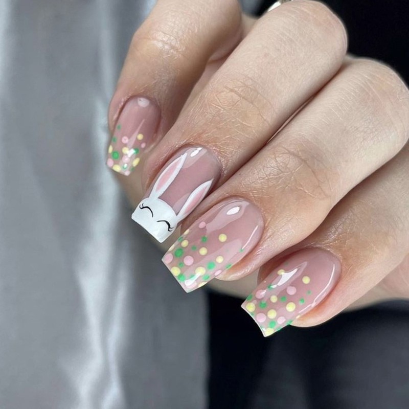 Estone 24 Peças De Prensa Quadrada Média Para Unhas Com Designs De Coelho , Manicure Acrílica Comemoração De Páscoa