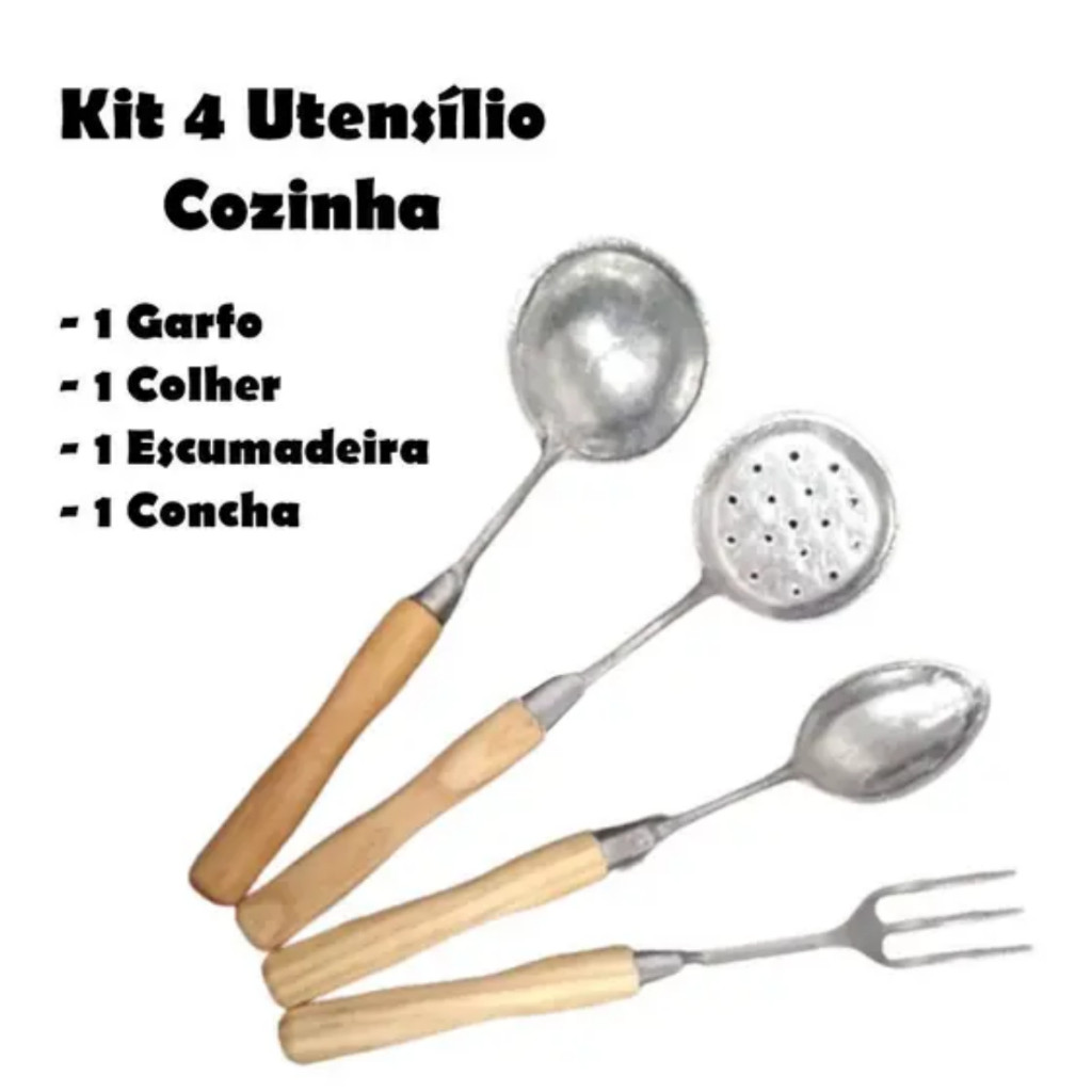 Kit Conjunto de 4 Talheres Rusticos de Aluminio com Cabo de Madeira Garfo Concha Escumadeira Colher
