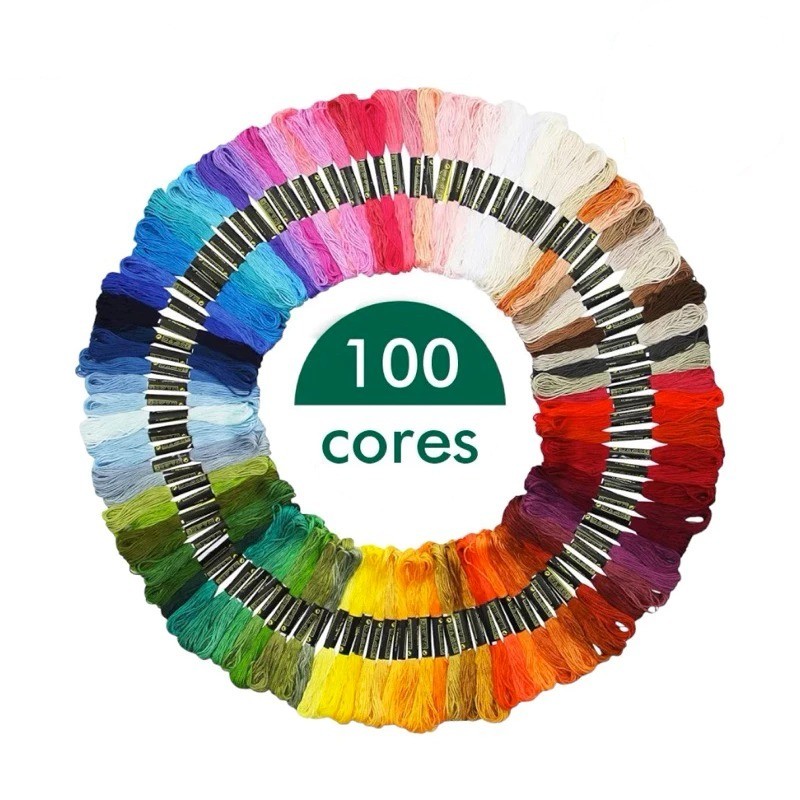 Kit 100 Meadas de Linhas de Bordado Ponto Cruz Artesanato Fio Poliéster algodão