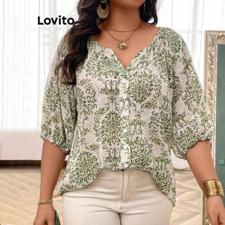 Lovito Blusa feminina Casual Plus Size com estampa Tribal e botão frontal  LBL21091 em Oferta na Shopee