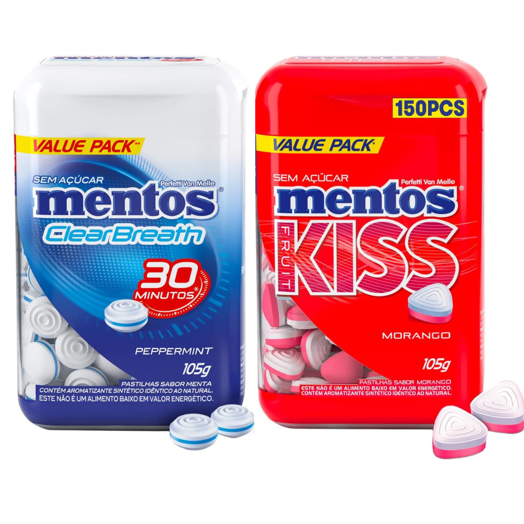 Kit 2 Pastilhas Mentos Kiss Sabor Morango e Peppermint Sem Açúcar 105g/cada - Pote Com 150 unidades
