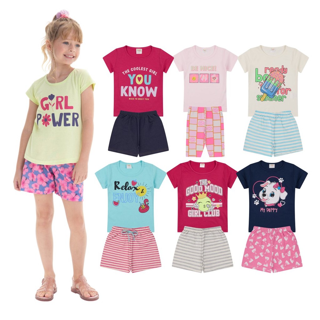 Kit 4 Peças Roupas Infantis Menina 2 Camisetas + 2 Bermudas - Kit 2 Conjuntos Sortidos Moda Infantil Verão Bebê