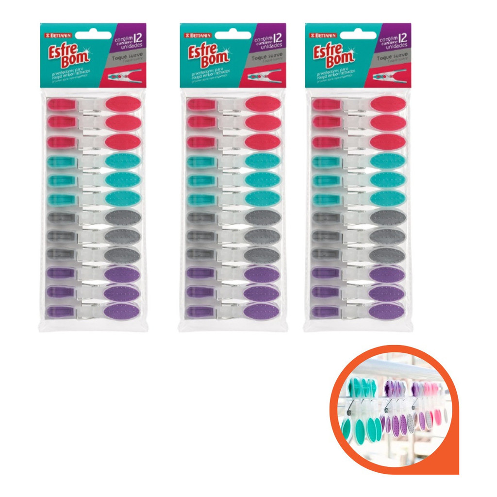 Grampo De Roupa Emborrachado Kit 36 Pregador Grande Colorido ( Não Amassa Roupa )