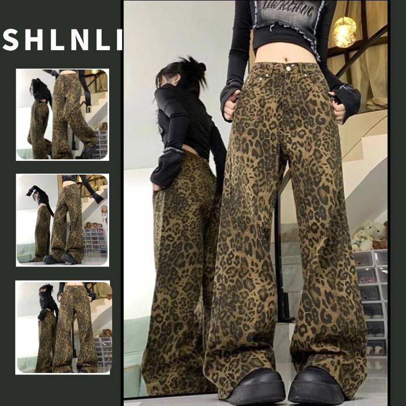 Verão Americano Retro Leopardo Impressão Calças De Perna Larga Feminina Solta Elástica Ins Reta