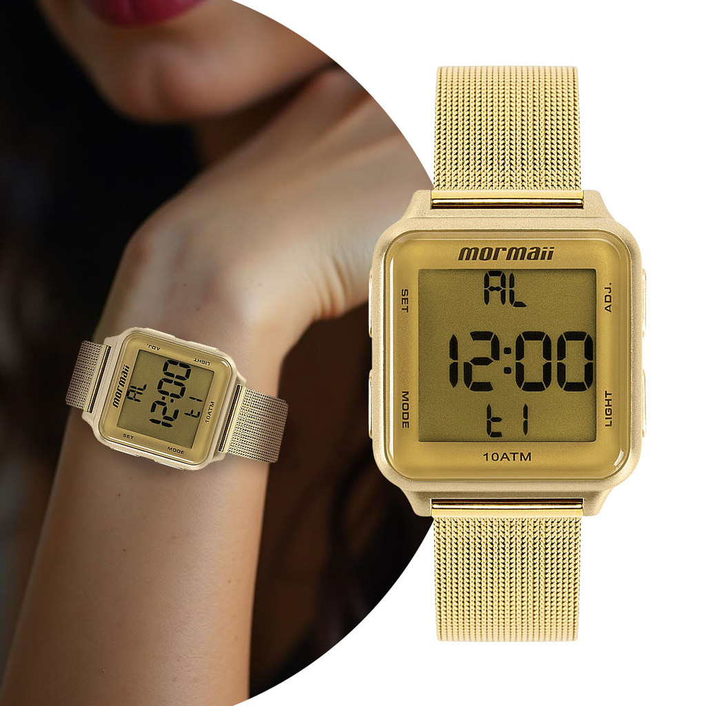 Relógio Digital Feminino de Pulso com Pulseira de Aço Inoxidável Dourado Quadrado Luxo Elegante Fashion Mormaii Original