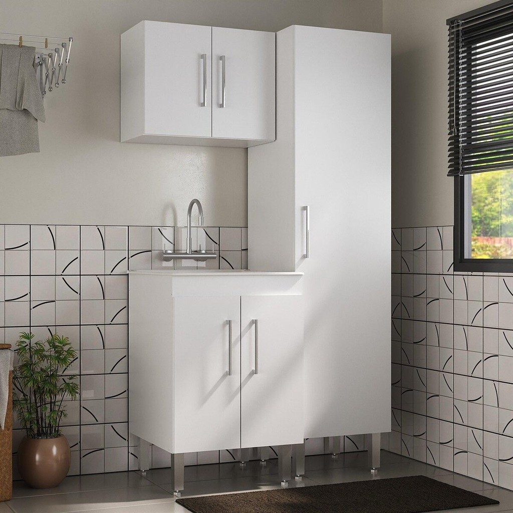 Conjunto Armários de Lavanderia com Gabinete e Tanque 45L Multimóveis CR30041 em Oferta na Shopee