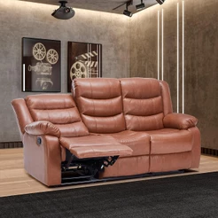 Poltrona 3 Lugares Porta Copos Reclinável Hollywood Manual Aquecimento Massagem PU Caramelo G94