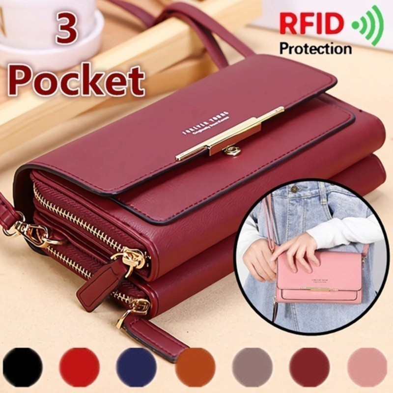 Bolsa Carteira Feminina De Transversal Ombro Couro PU Com 3 Camadas Porta-Cartões Telefone...