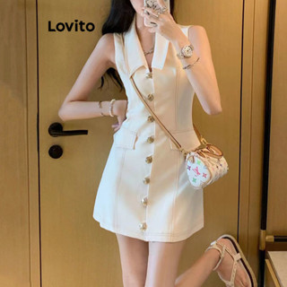 Lovito Vestido Elegante De Bolso Falso Frontal Com Botão Liso Para Mulheres LNE43537