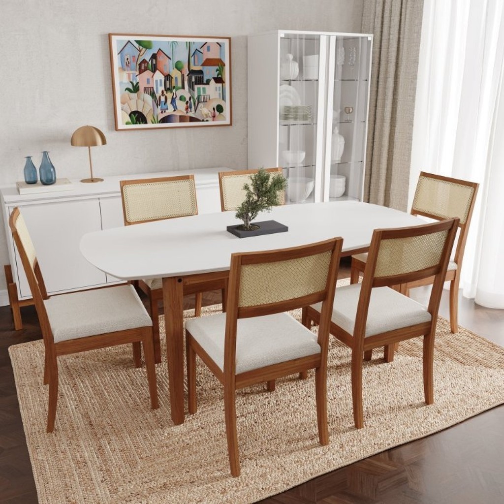 Conjunto Mesa de Jantar Tampo MDF 1,80m e 6 Cadeiras Tiê CabeCasa MadeiraMadeira Amêndoa/Bege claro - Home & Living