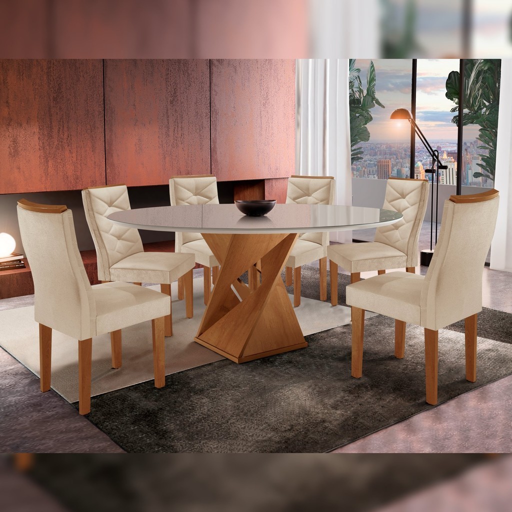 Conjunto Mesa Redonda com Vidro e 6 Cadeiras Tampo 120cmx120cm Barcelona Yescasa Cinamomo/Off White/Suede Pena - Home & Living