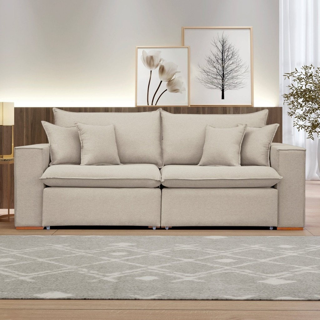 Sofá Retrátil 200cm Barcelona  Veludo/Bege Claro