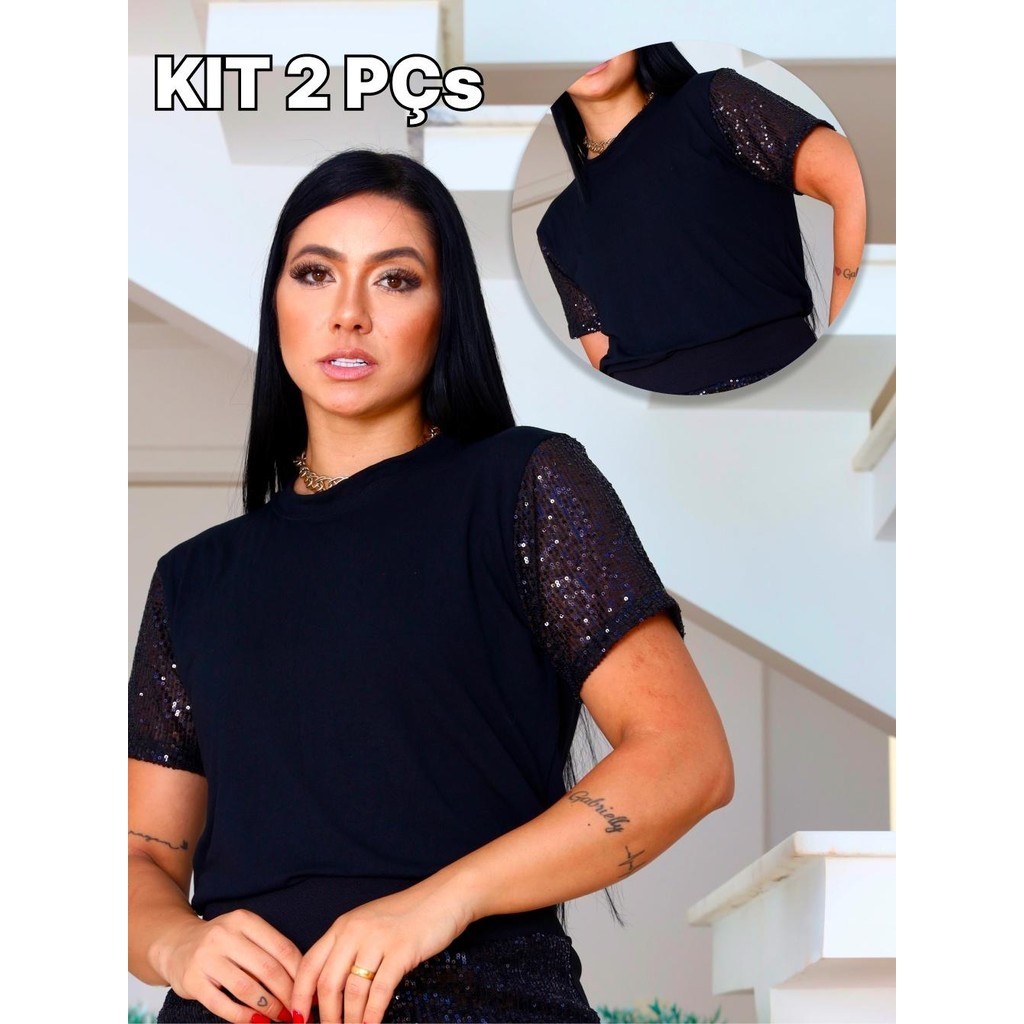 Kit 2 Blusas Femininas Com Manga Em Paetê Preto Modelo Elegante