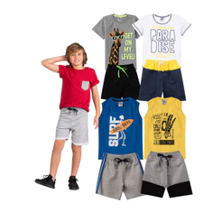 Kit Sortido 8 Peças de Roupas Infantis Masculino Verão- 4 Camisas + 4 Shorts