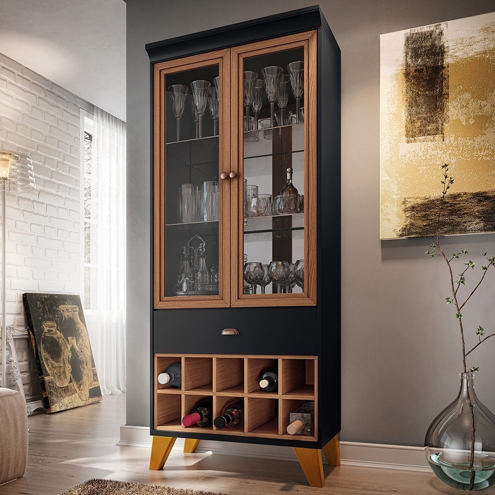 Cristaleira com Nicho Adega 02 Portas Luma B01 Preto Nature - Lyam Decor em Oferta na Shopee