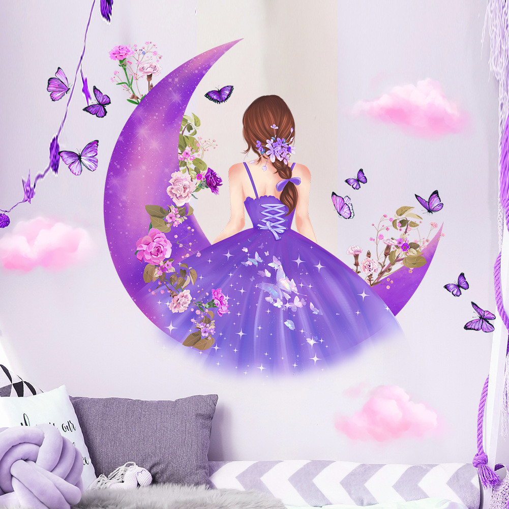 Adesivos de Parede Autocolantes de Parede Moon Girl Wall Stickers Cartoon Butterfly Quarto de Menina Decoração de Quarto de Menina Papel de Parede Autocolante Removível