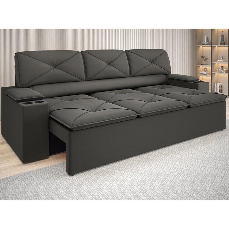 Sofá com Porta Copos Retrátil e Reclinável Pop 2,05m Velosuede Cinza - NETSOFAS em Oferta na Shopee