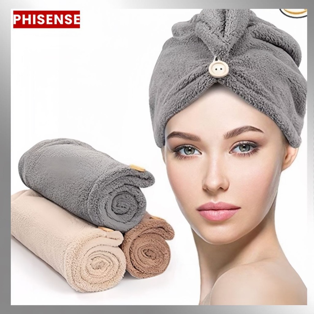 Toalha Grossa Mágica Cabelo Secar Rápido Touca Banho Com Botão Antifrizz Várias Cores em Oferta na Shopee