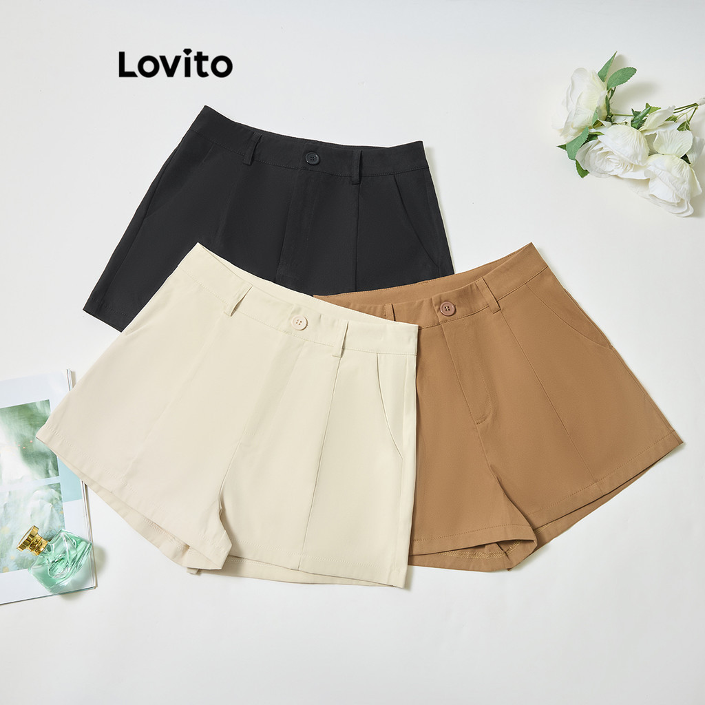 Lovito Casual Shorts Liso com Zíper para Mulheres LNE43028