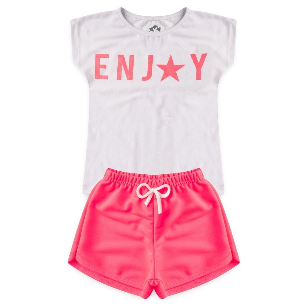 Conjunto Infantil Verão Roupa Menina Blusa Enjoy Shorts Moletinho Neon Pronta Entrega Conjunto Feminino Tamanho 4 ao 14