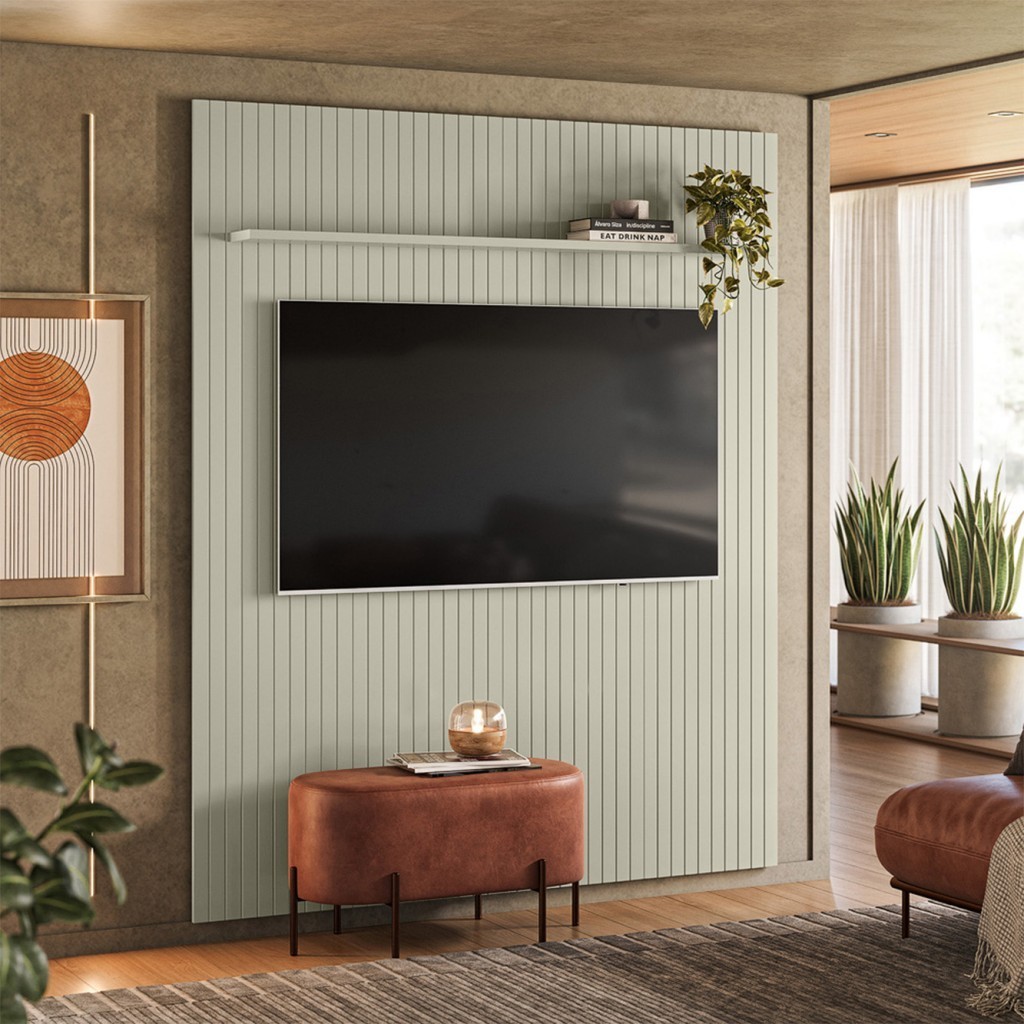 Painel Uno Ripado P/Tvs até 65 Polegadas C/Prateleira 160cm Off White - Olivar Móveis - Home & Living