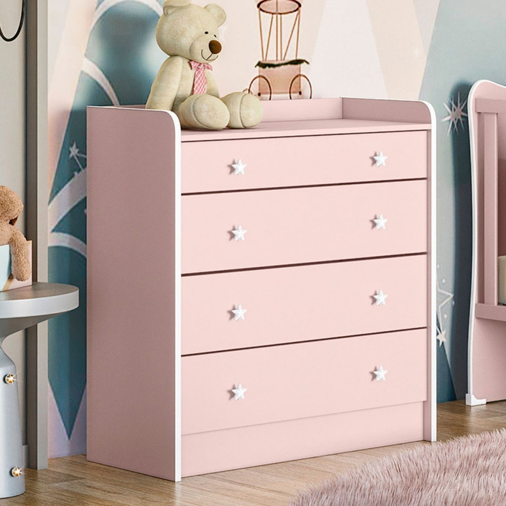 Cômoda Infantil Doce Sonho 4 Gavetas com Trocador Rosa Acetinado - Qmovi em Oferta na Shopee