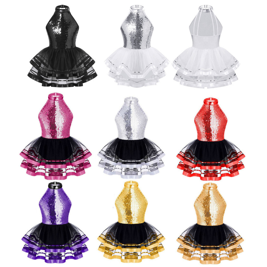 Yeahdor Vestido Infantil Sem Mangas Com Lantejoulas Brilhantes E Alças Decoradas Costas Vazadas Em Malha Tutu Para Dança
