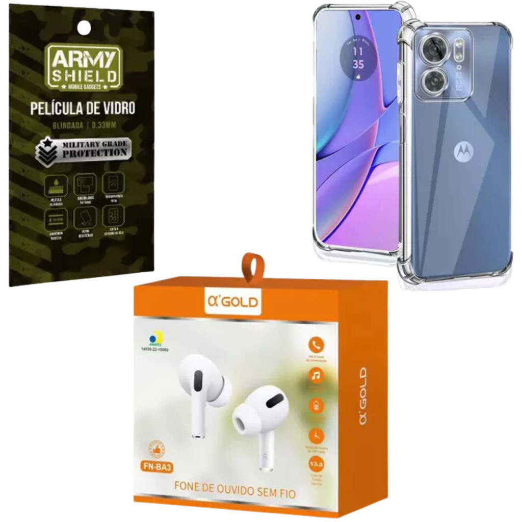 Kit Capinha Motorola Moto G53 + Fone Bluetooth + Pelicula de Vidro 3D Armyshield