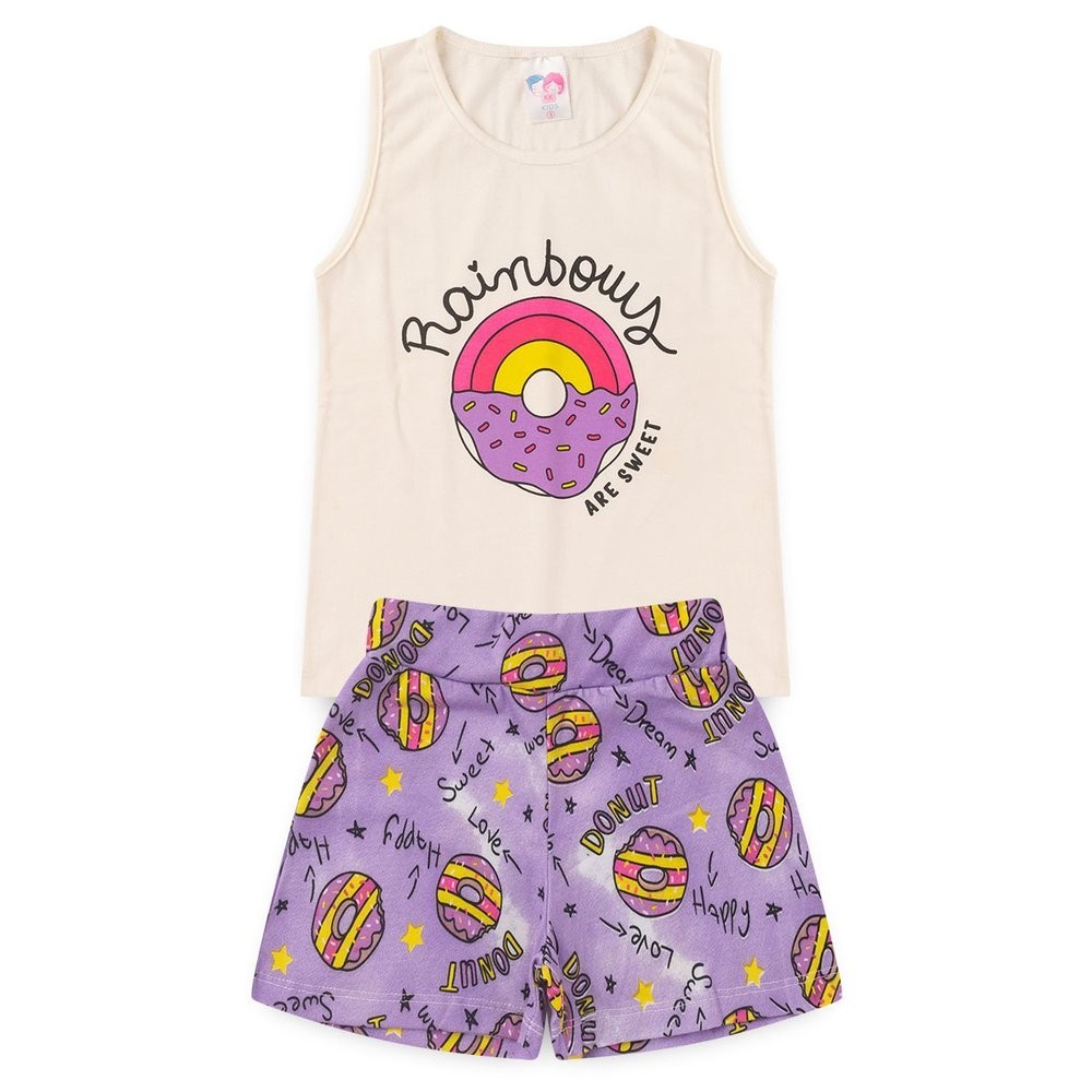 Conjunto Infantil Menina Verão Regata Meia Malha Estampa Donut + Shorts Estampado Roupa Infantil Feminina 1 ao 14