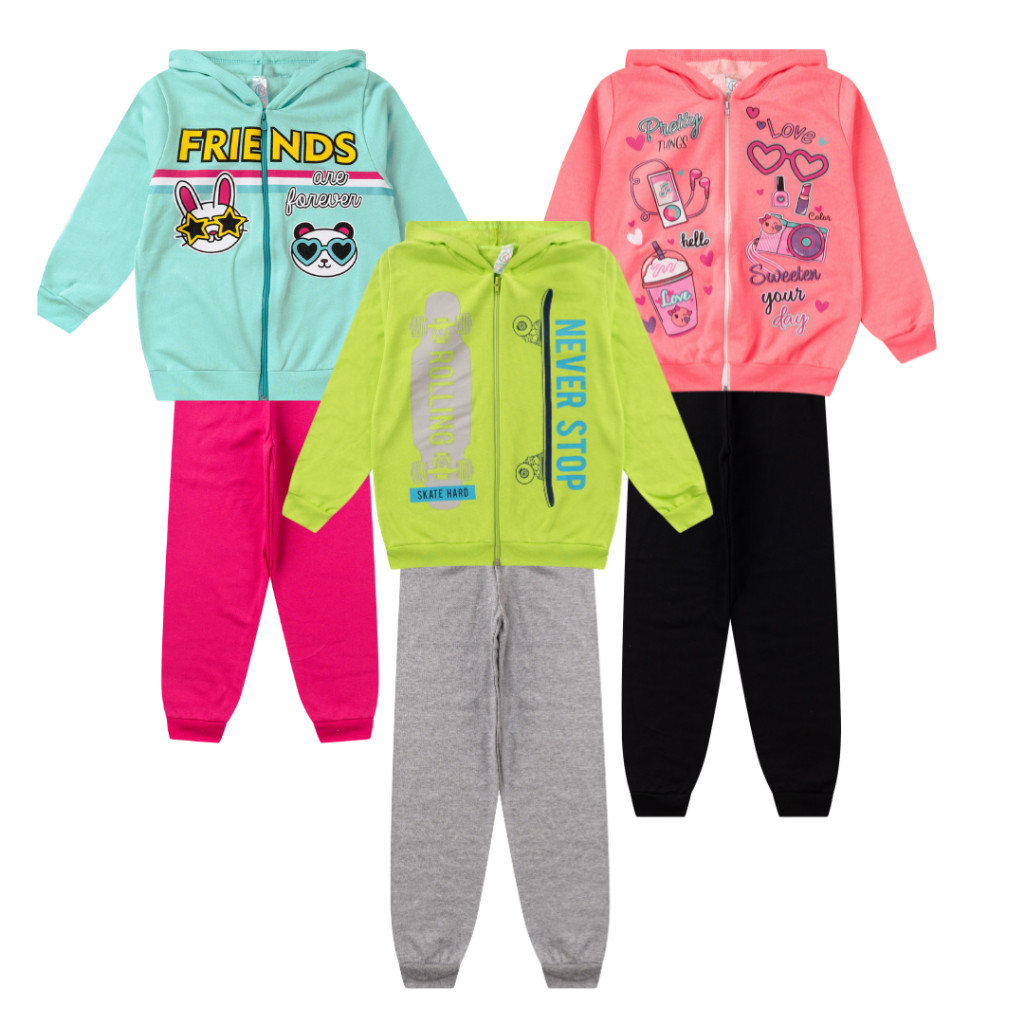Conjunto Infantil Frio 2 peças Jaqueta + Calça de Moletom Outono Inverno Menino e Menina Juvenil