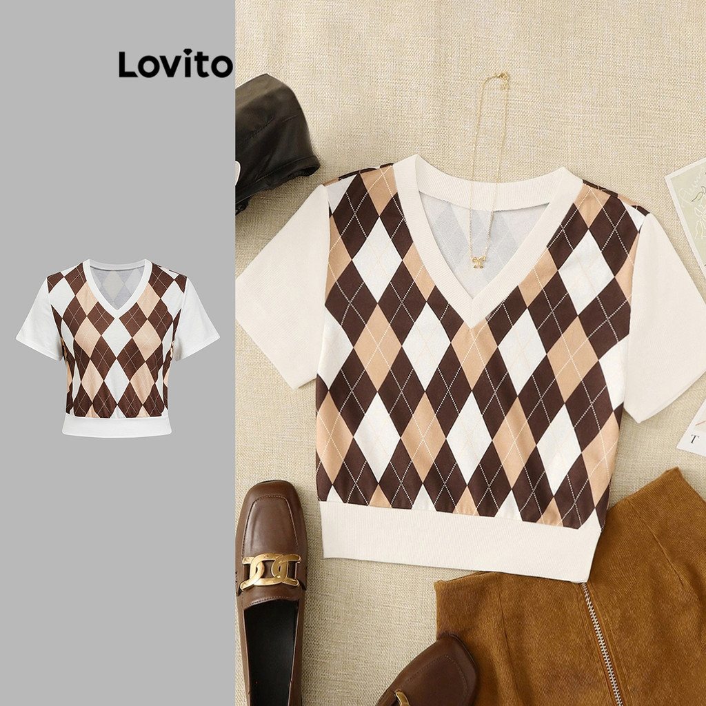 Lovito Camiseta casual Argyle Colorblock geométrica para mulheres L113MD247 - Women Clothes