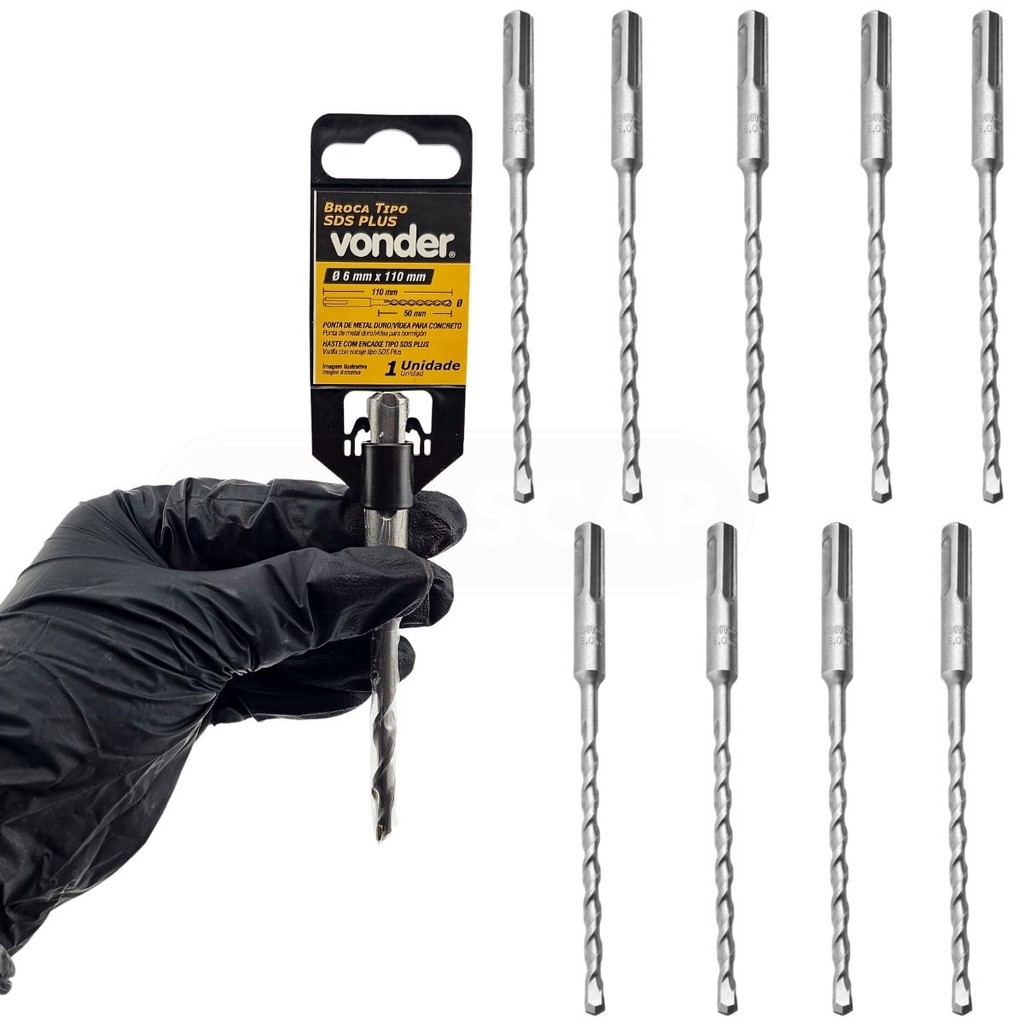 Kit 10 Brocas Com Encaixe Tipo SDS PLUS 6,0 mm x 110 mm - Vonder