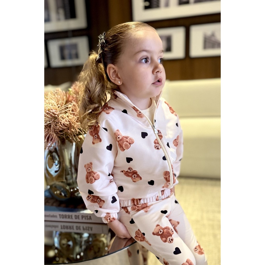 Jaqueta corta vento menina infantil ursos corações off bege zíper fofo