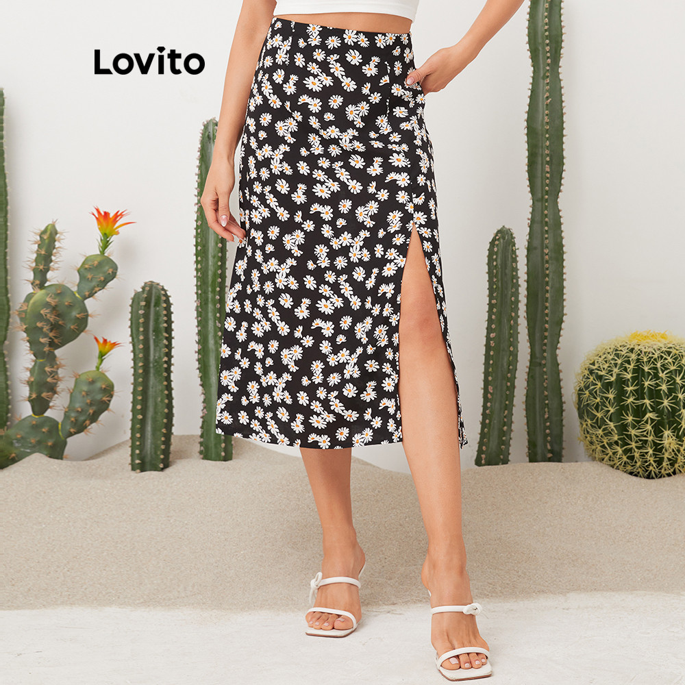 Lovito Saias Casuais Com Estampa Floral Soft Saia Dividida Para Mulheres L11D33 (Preto) - Women Clothes
