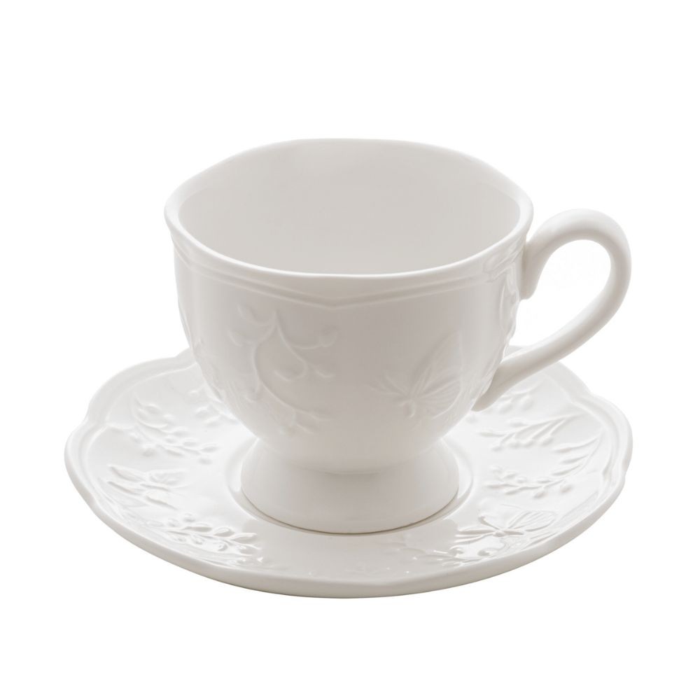 Jogo 10 Xícara de Café com Pires em Porcelana New Bone Butterfly Borboleta e Flores 100ml Lyor