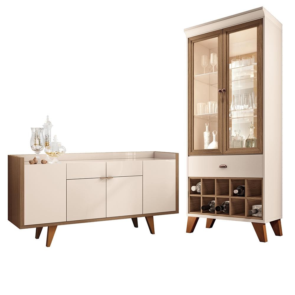 Conjunto Decorativo Cristaleira Adega e Buffet Balcão Andorra/Albâni Off White/Castanho G26 - Gran