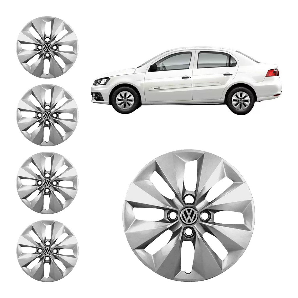 Kit 4 Calota Voyage G5 e G6 2012 2013 2014 2015 2016 Aro 14 PRATA + Emblema Resinado Vw Alto Colante