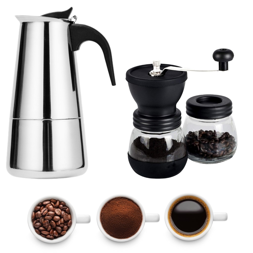 Kit Café Gourmet Cafeteira Italiana Inox 450ml Café Expresso e Moedor De Café Manual Cerâmica