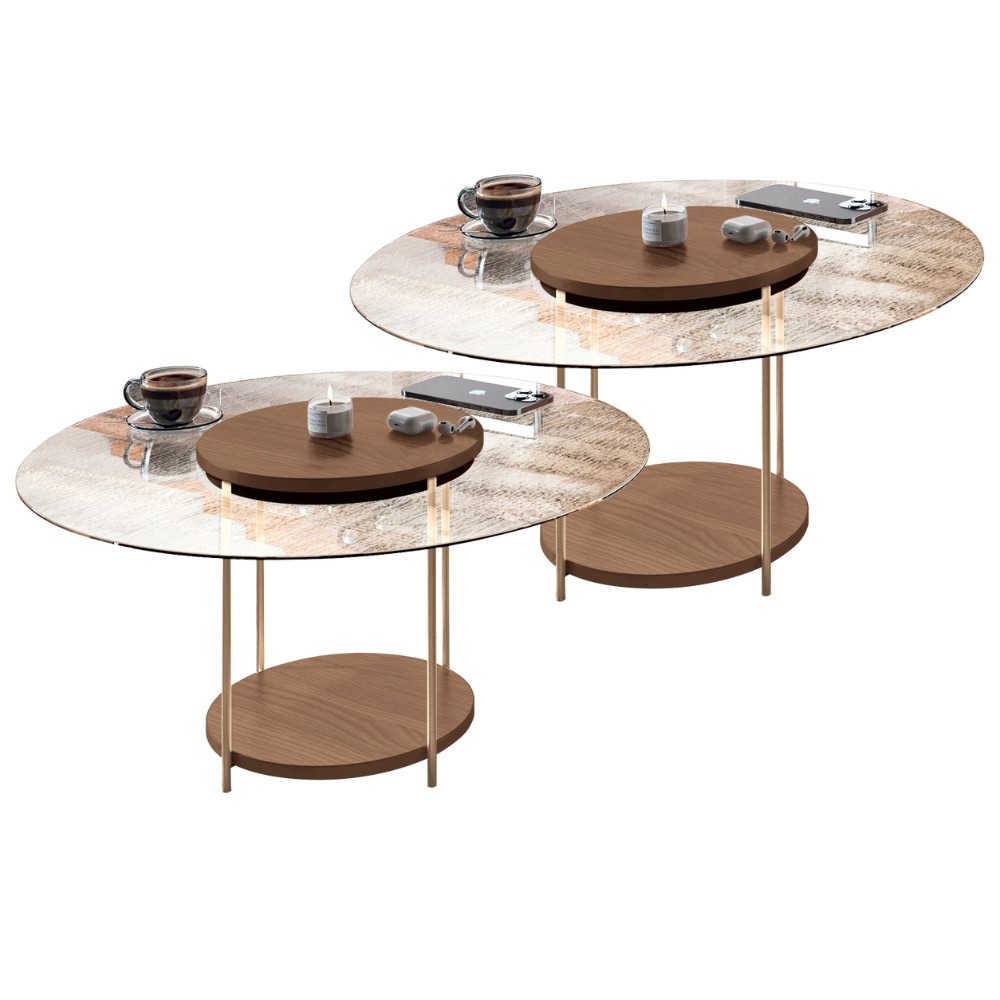 Kit 02 Mesas de Centro Para Sala Redonda Tampo Vidro Pés Aço Allure B01 Castanho - Lyam Decor em Oferta na Shopee