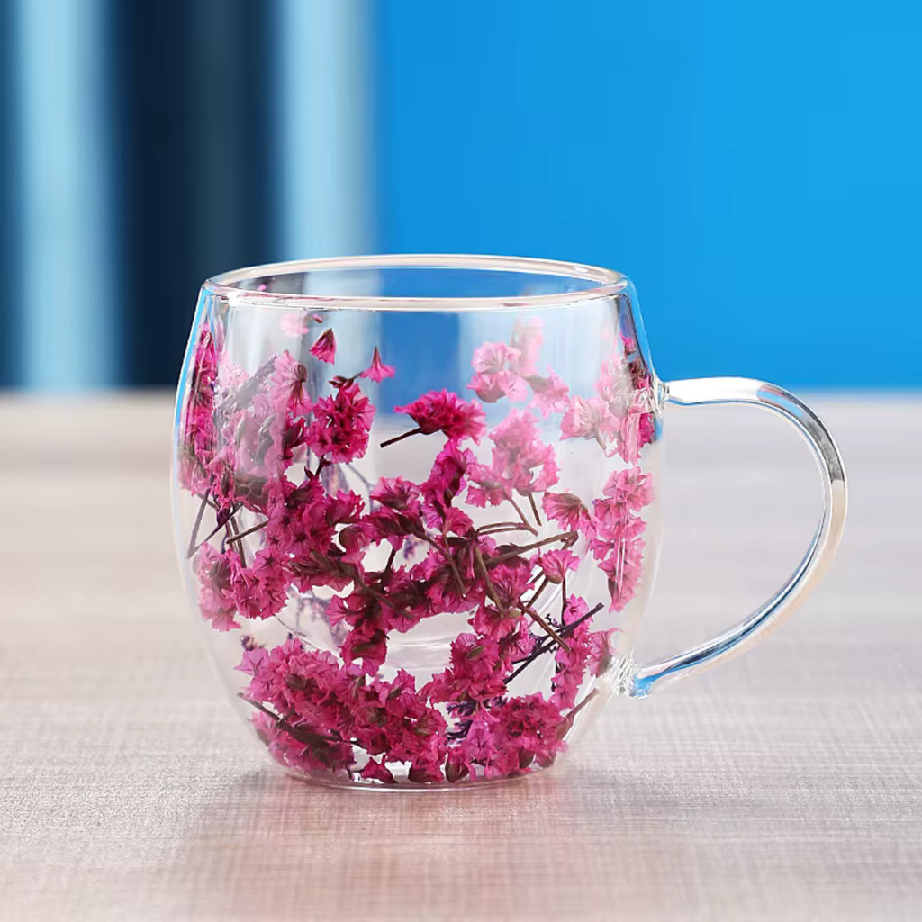 Caneca Xícara de Vidro Duplo com Flores Secas no Interior 250ml Sofisticada e Elegante em Oferta na Shopee