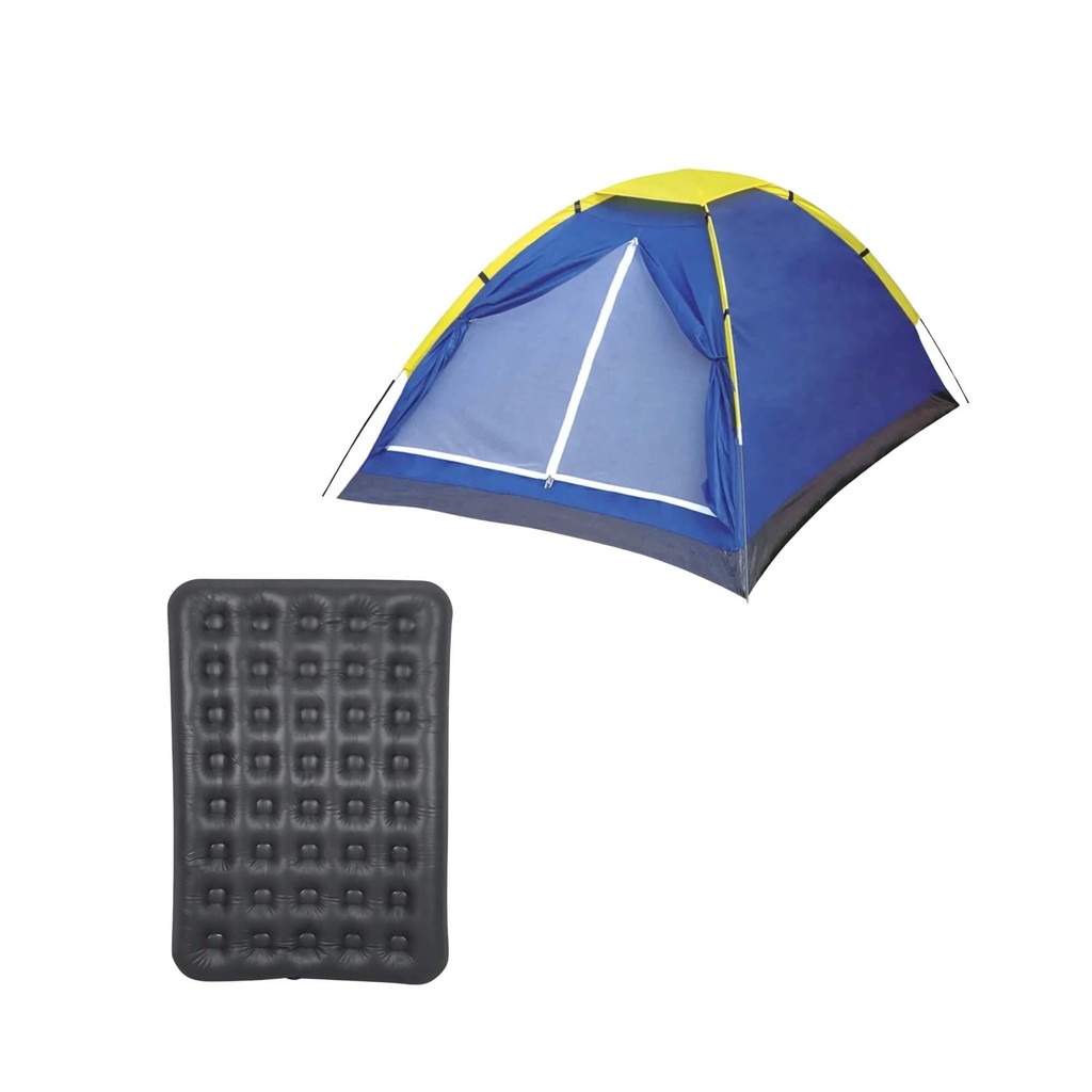Kit Colchão Inflável Casal Deluxe Comfort + Barraca Camping Iglu Azul 3 Pessoas