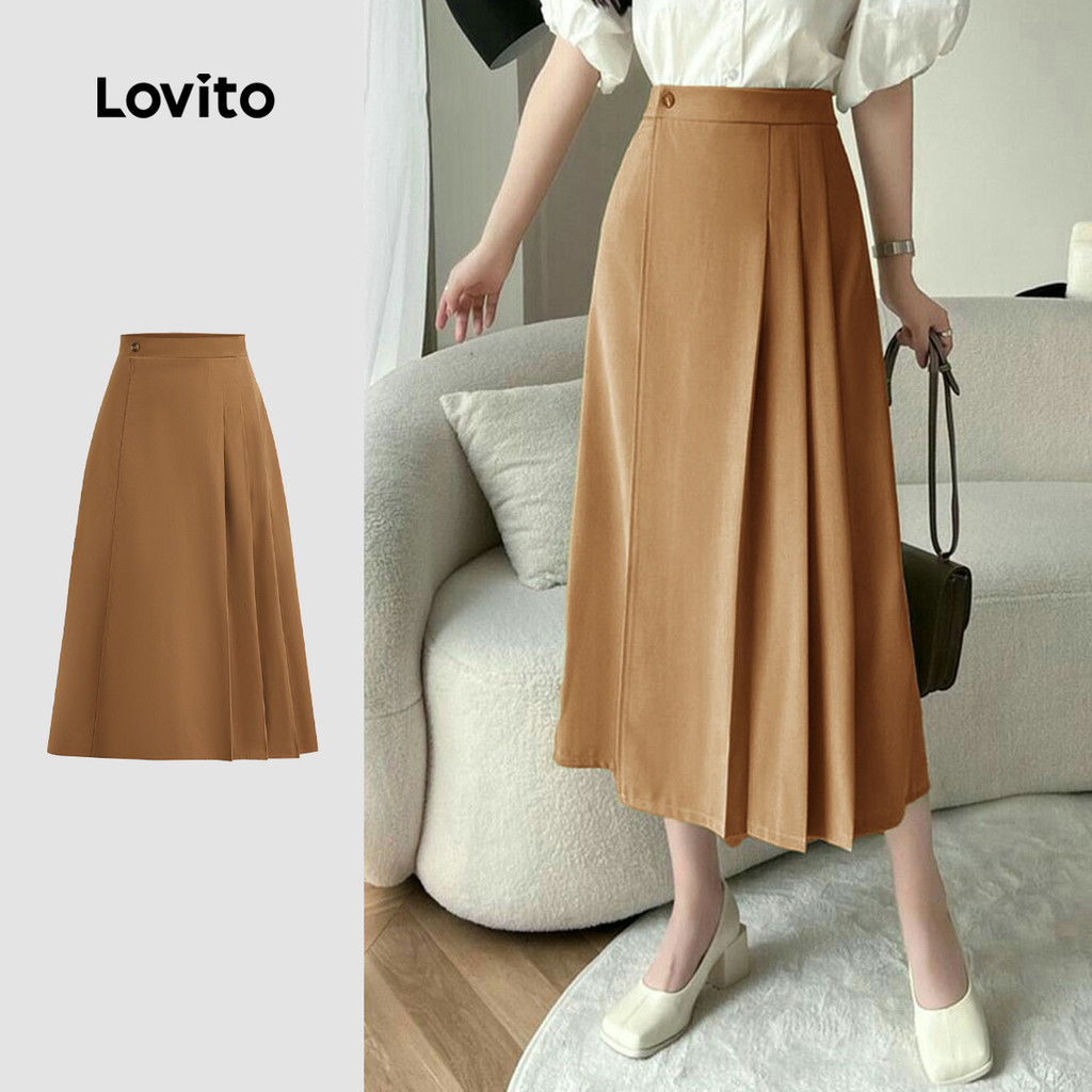 Lovito Saia elegante lisa plissada assimétrica com botões para mulheres LBL22619 - Women Clothes