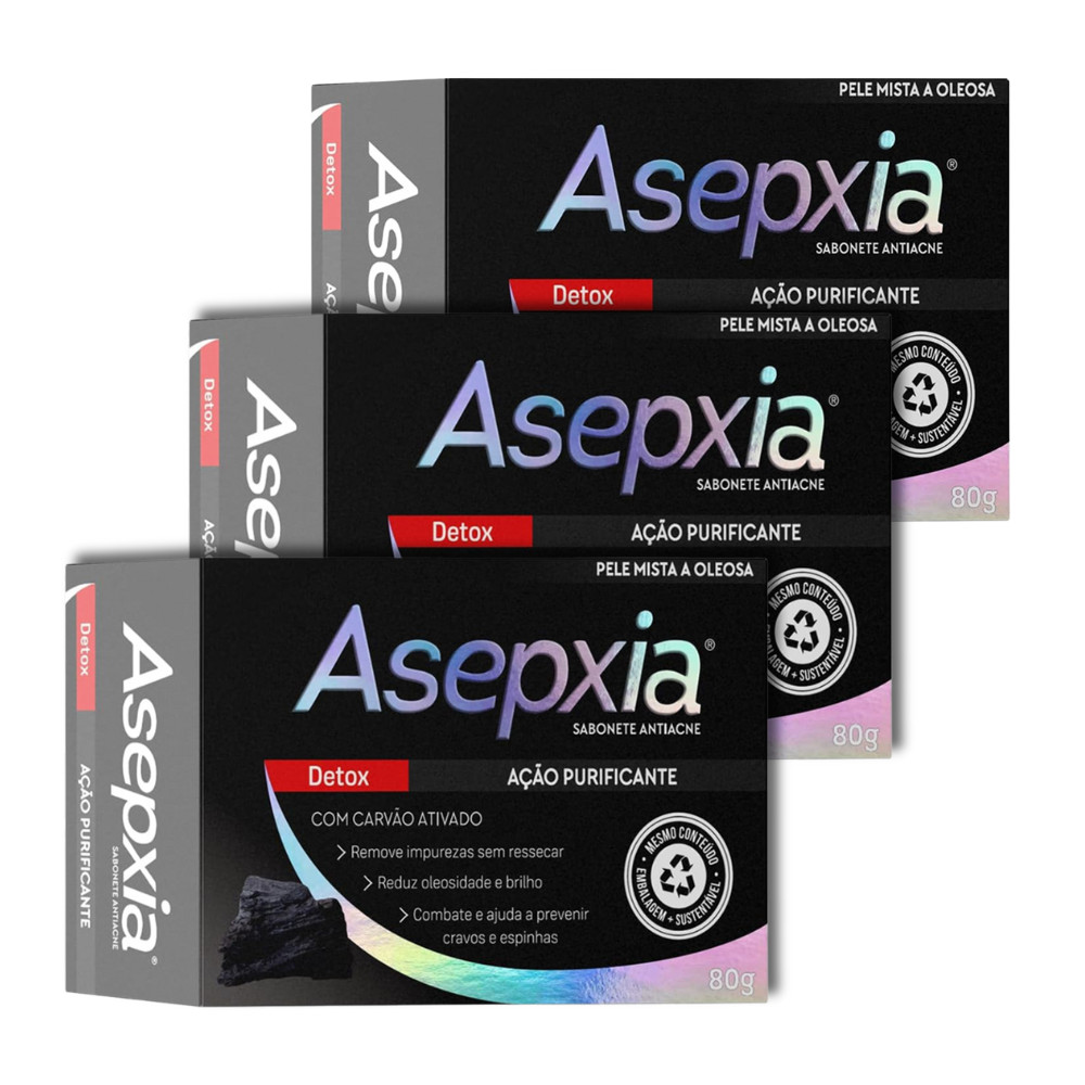 Kit 3 Uni Sabonete em Barra Antiacne Asepxia Carvão Ativado - 80g