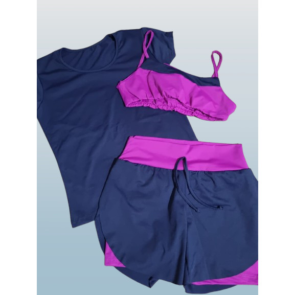 Roupa fitness infantil 3 peças Top Shorts Duplo e camiseta