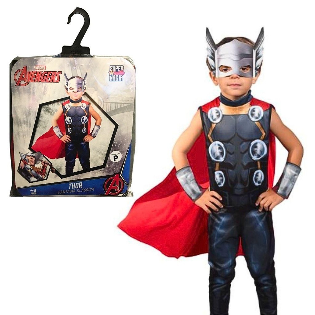 Fantasia Infantil Super Heroi Thor Longa Clássica Com Capa Mascara e Bracelete