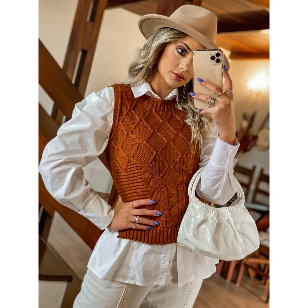 Blusa Colete Regata de Tricot Feminino Trabalhado em Tranças Sobreposição Ocasional Verão/...
