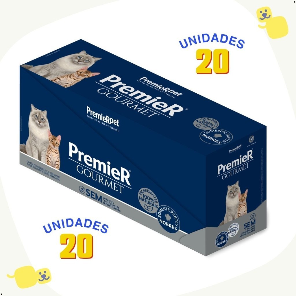 Alimento Úmido Premier Gourmet Ração Gatos Adultos Carne, Espinafre e Arroz Sachê 70g 20Unidades