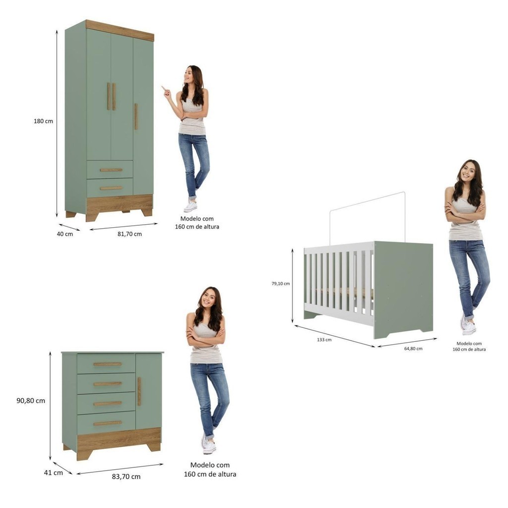 Detalhes do Quarto de Bebê Completo Guarda Roupa 3 Portas 2 Gavetas com Cômoda e Berço Lily Espresso Móveis Verde Fosco/Nature